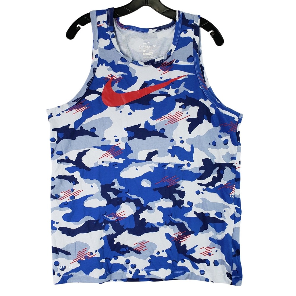 Nike Dri-FIT Tank Top Mens L Blue Camo Swoosh AOP Athletic Training Gym